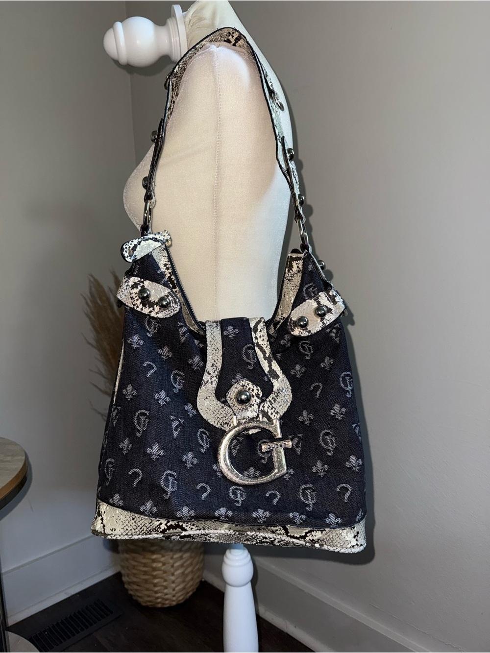 GUESS Denim Canvas Shoulder Bag with Snake-Effect Trim